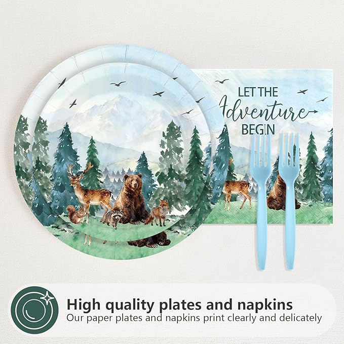 96Pcs Let The Adventure Begin Party Decorations Camping Adventure Birthday Plates and Napkins Green Mountain Wilderness Woodland Animals Decorations for Boys Girls Birthday Party Supplies Serves 24