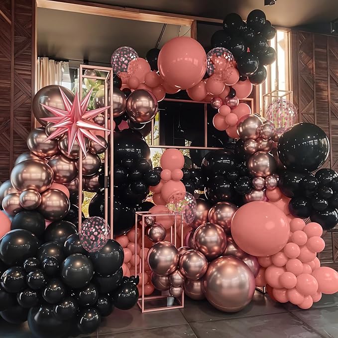 Rose Gold Black Balloons Garland Kit, 120Pcs Metallic Rose Gold Black Confetti Balloons Arch with 4D Star Foil Balloons for Wedding, Birthday, Graduation, Baby Shower Party Decoration
