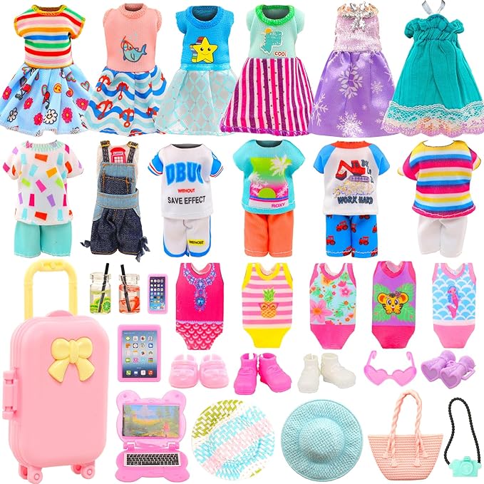 25 Pcs 5.3 Inch Doll Clothes Suitcase Accessories 4 Dresses 3 Tops and Pant Outfits 3 Swimsuits 1 Luggage 3 Shoes 11 Travel Accessories Glasses for 5.3 Inch Dolls(Doll NOT Include)