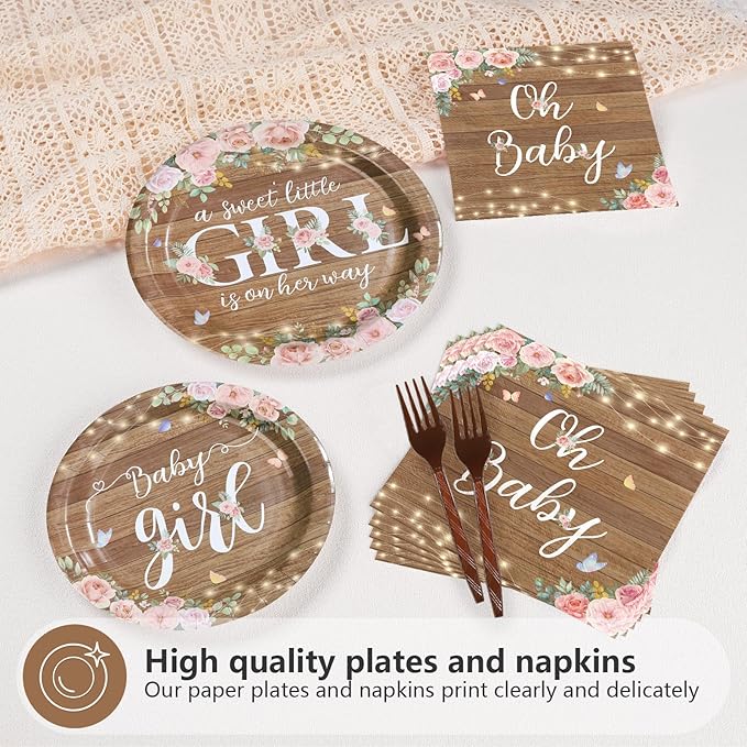 96 Pcs Rustic Girl Baby Shower Decorations Pink Floral Rustic Wood Paper Plates and Napkins A Sweet Little Girl Is on Her Way Tableware Set for Baby Shower Birthday Party Supplies