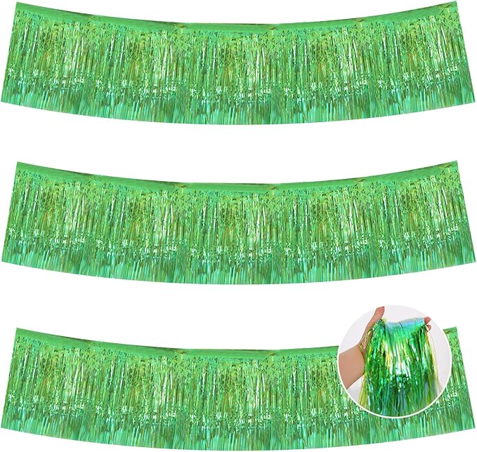 BEISHIDA 3 Packs Metallic Foil Fringe Garland Shining Green Wall Hanging Tinsel Fringe Banners for Car Floats Bridal Shower Wedding Birthday Easter Graduation Holiday Party Decoration(30 Feet)