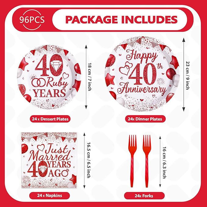 96Pcs 40th Wedding Anniversary Party Supplies Red Happy 40th Anniversary Plates and Napkins Ruby 40 Years Tableware Set for Men Women 40 Years Wedding Anniversaries Party Decorations Serves 24