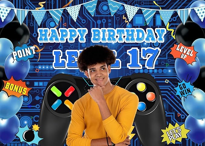 Game Theme Level 17 Birthday Backdrop Video Game Happy 17th Birthday Party Decorations Level Up Theme Boys Kids Birthday Party Supplies(7×5FT)