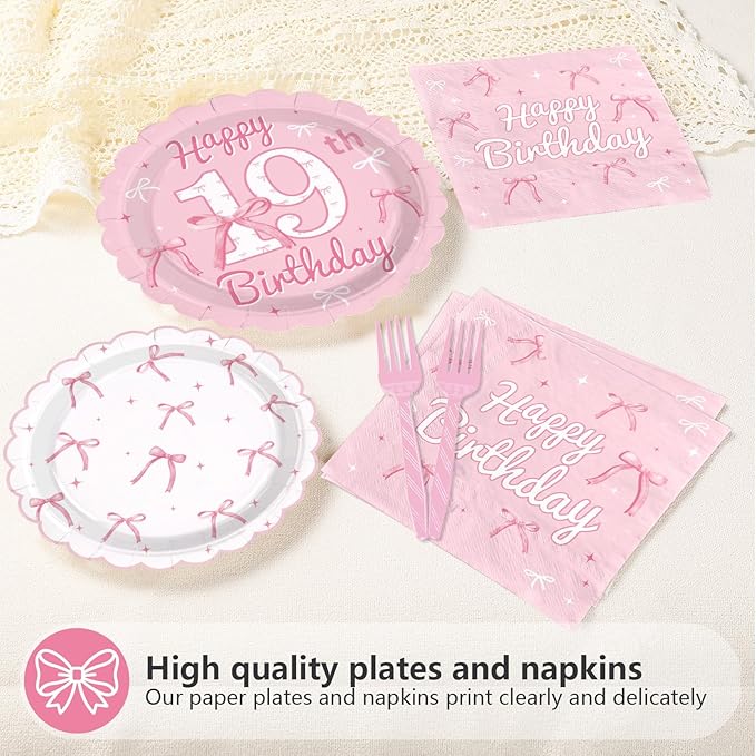 96Pcs Pink Bow Party Supplies Coquette 19th Birthday Party Plates and Napkins Disposable Bow Themed Tableware Set for Girl Happy 19th Birthday Baby Shower Decorations, Serves 24