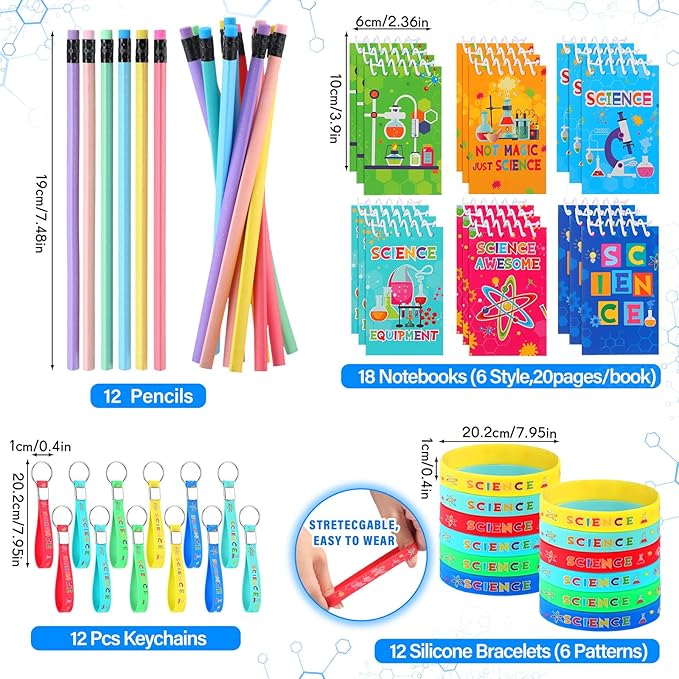 Zhanmai 140 Pcs Science Party Favors Include 12 Keychain 18 Mini Notebooks 50 Science Stickers 12 Bracelets 12 Science Name Badge 12 Drawstring Bags 12 Bendable Pencils 12 Button Pins for Kids Party