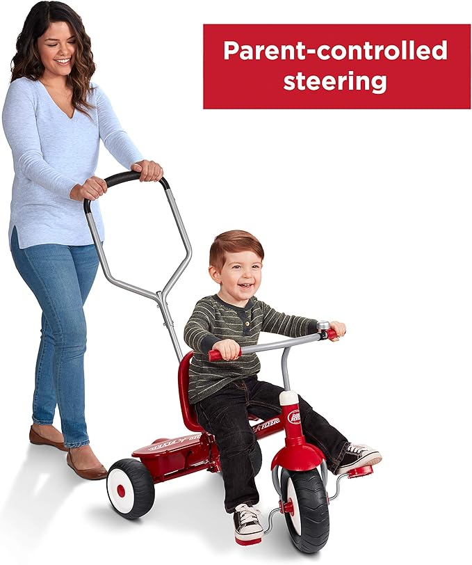 Radio Flyer Deluxe Steer & Stroll Trike, Red, for Kids 2-5, 2-in-1 Parent Steer Tricycle, Removable Push Handle, Adjustable Seat, Steel Frame, Covered Storage Bin, Tricycle for Toddlers and Kids