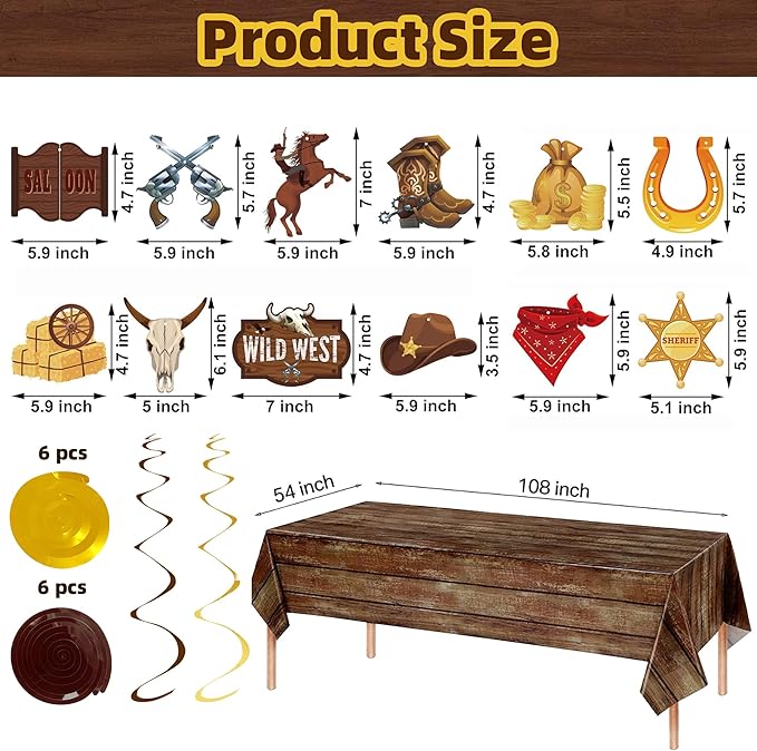 Western Cowboy Party Decorations Wild West Banner Brown Wood Tablecloth Western Hanging Swirl Decorations for Cowboy Birthday Party Supplies (4, Brown, Large)