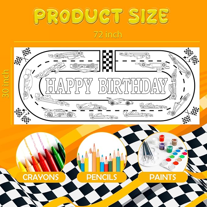 OHOME Race Car Giant Coloring Poster/Tablecloth - Race Car Birthday Party Decorations - 30 x 72 Inches Jumbo Coloring Banner Kids Crafts Activities Decor Party Supplies