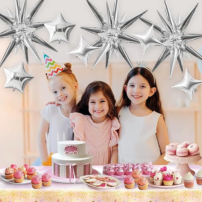 TONIFUL 22Inch 15Pcs Silver Large Explosion Star Mylar Balloons and 10Inch Four Pointed Star Balloons Set for Christmas New Year Birthday Wedding Bridal Shower Anniversary Photo Booth Supplies
