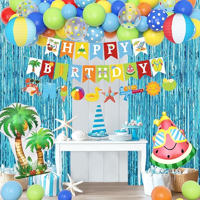 Summer Pool Beach Party Decorations, Splash Birthday Bash Party Supplies Tropical Summer Banner Beach Ball Lantern Fringe Curtain Foil Balloons Arch for Swimming Water Luau Hawaiian Party Decor(Blue)
