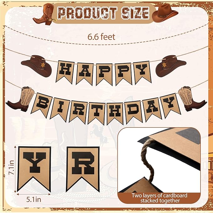 Oudain Western Birthday Cowboy Party Decoration, Happy Birthday Banner Double Layer Hat Boots Cowboy Hanging Swirls for First Party, Western Theme Decoration Supplies