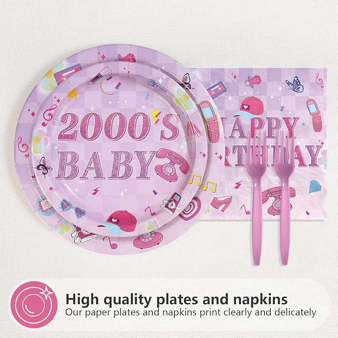96 Pcs Y2k 2000s Birthday Party Supplies Pink Retro Fashion Plates and Napkins Disposable Early 2000s Theme Tableware Set for Girls Women Teen Birthday Party Decorations Serves 24