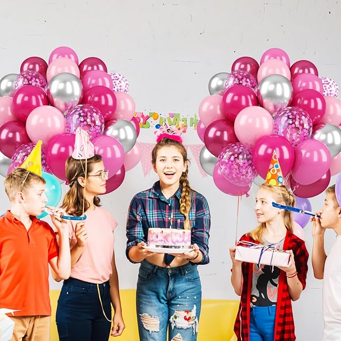 Paready Pink Balloons Set, 50PCS Hot Pink Latex Balloons, 12 Inch Confetti Balloon Metallic Silver Party Balloon Helium for Girls Women Baby Shower Princess Wedding Birthday Party Decorations