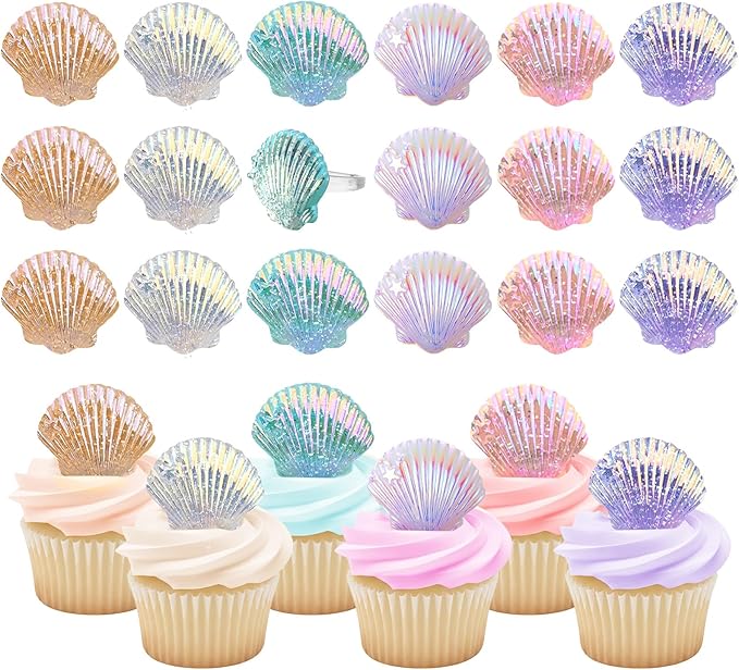 Kenning 48pcs Resin Seashell Cupcake Ring Toppers Under the Sea Cupcake Topper for seashell Theme Birthday Party Cake Decorations Baby Shower Weeding Anniversary Sea Party Supplies