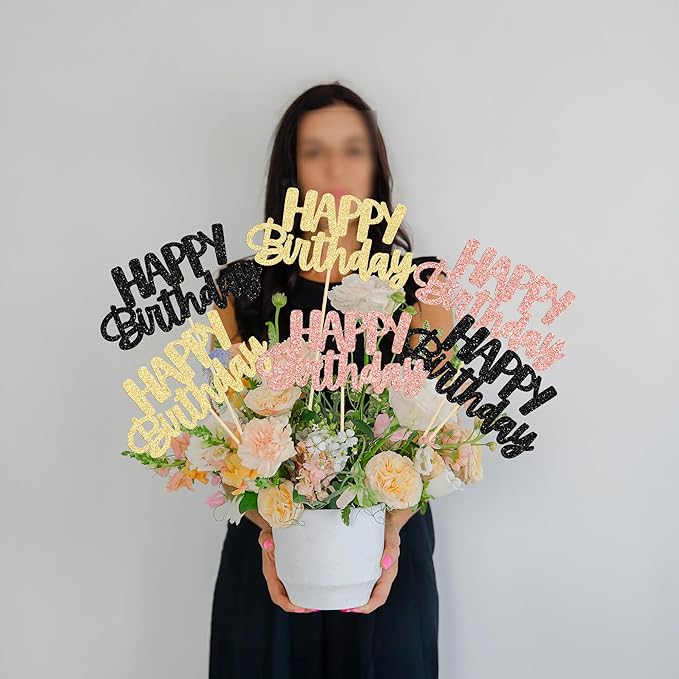Gyufise 12Pcs Happy Birthday Centerpieces Sticks Double Sided Glitter Birthday Party Decorations Anniversary Table Flower Centerpiece for Celebrating Party Supplies Black Gold Rose Gold