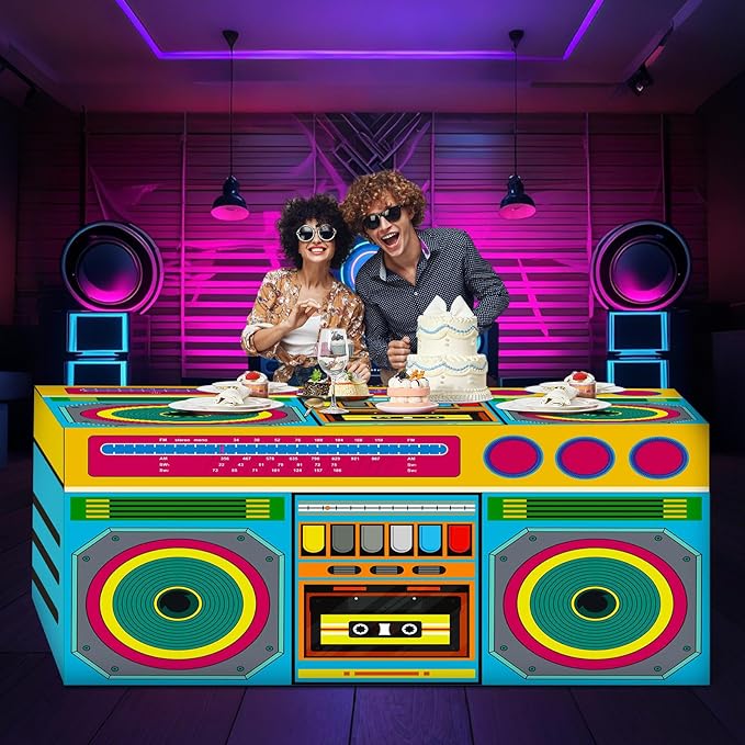 Oudain 6 FT 80s 90s Theme Tablecloth 80s Birthday Party Supplies Hip Hop Party Decoration Vintage Boom Box Tablecloth 72 x 30'' Retro Radio Table Cover Washable Fabric Polyester Rectangle Table Cover