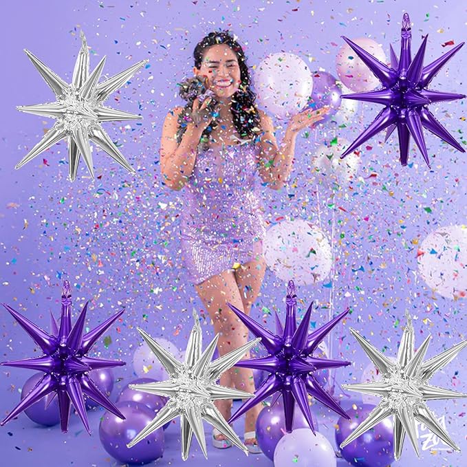 6 Pcs Silver Star Foil Balloons One-Piece 14-Pointed Star Balloon 4D Starburst Cone Mylar Balloon 22inch Christmas Birthday Wedding Wedding Anniversary Party Supplies (Silver + Purple)