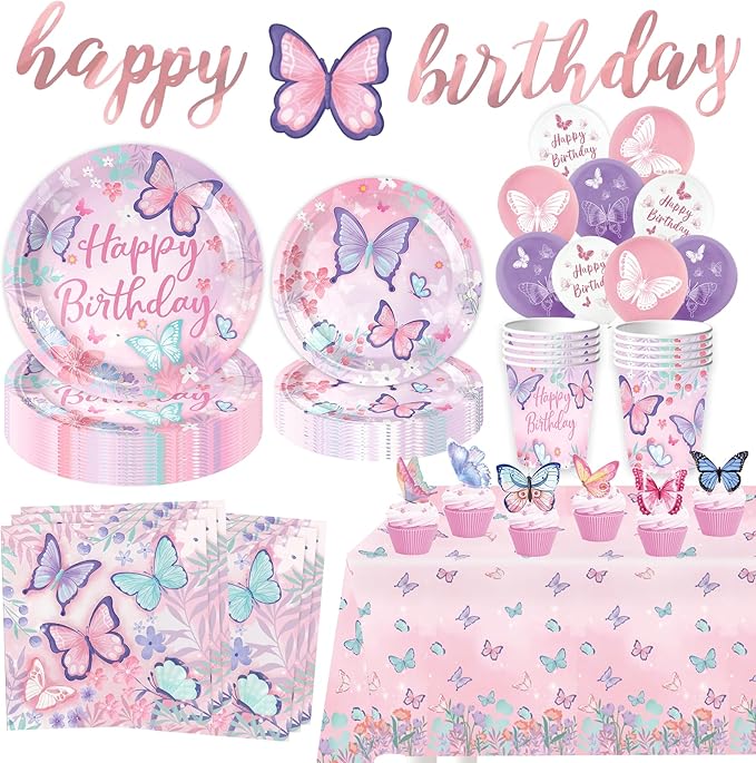 Butterfly Birthday Party Supplies Decorations Tableware Set Serves 25 Butterfly Disposable Paper Plates Napkins, Cups, Cake Toppers Tablecloth, Banner, and Balloons for Butterfly Decorations
