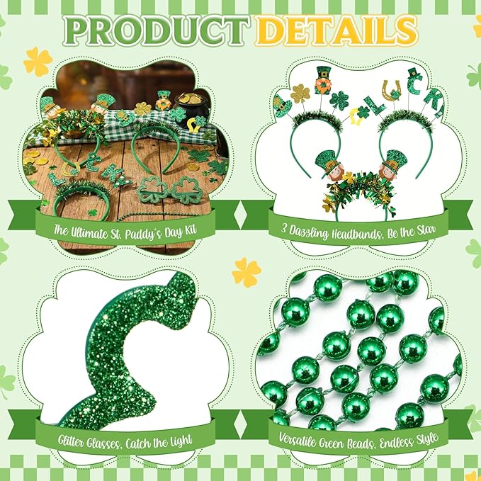 3 Set St Patricks Day Accessories Party Favor Set, Shamrock Glitter Glasses Green Beaded Necklaces Headbands, St Patricks Day Photo Props Irish Costume Accessories for Irish Party Supply