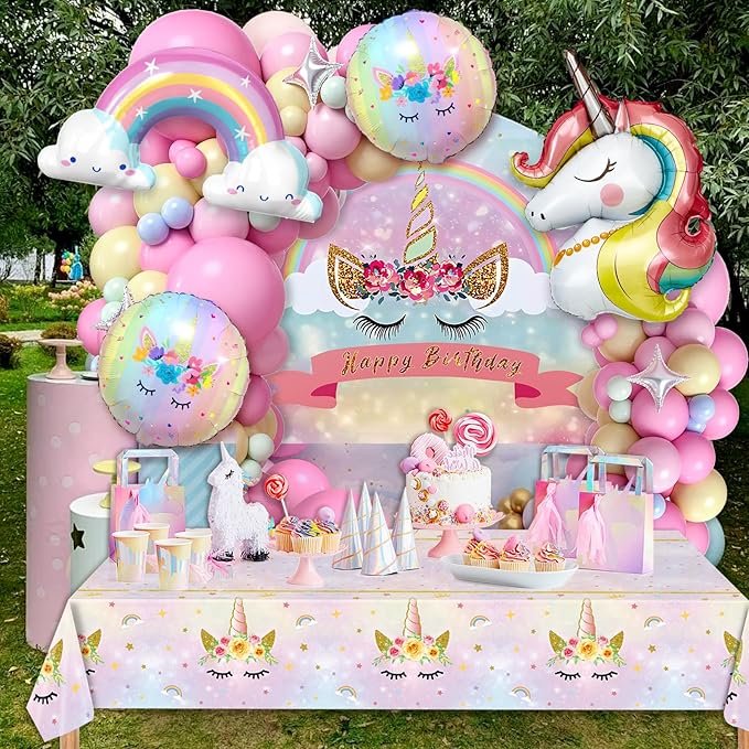 Winrayk 142Pcs Pink Unicorn Party Decorations Birthday Supplies for Girls, Pink Balloon Arch with Backdrop Tablecloth Large Self-designed Foil Balloons, Kids Rainbow Unicorn Theme Birthday Decorations