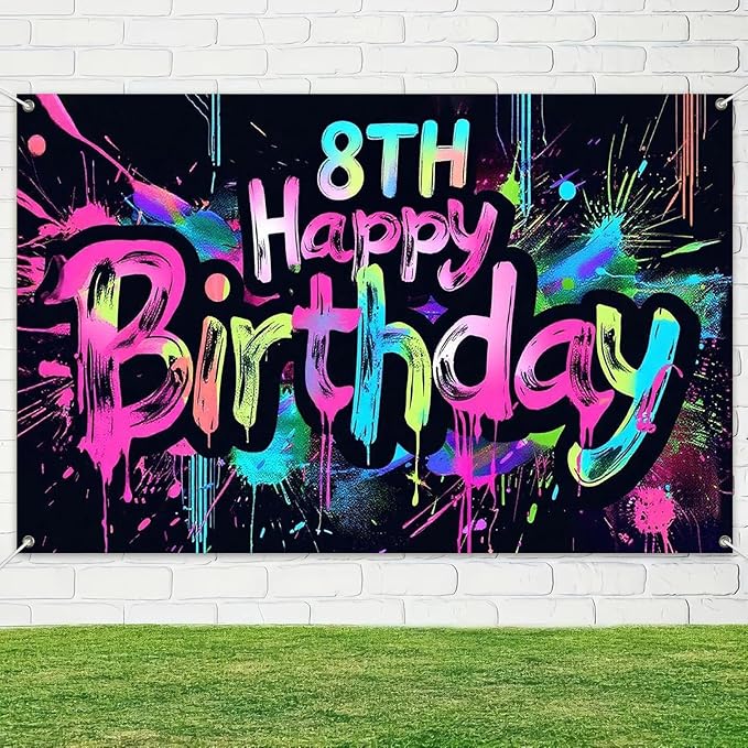Neon 8th Happy Birthday Banner 71x43 Inch Paint Splatter Glow in The Dark Backdrop Colorful Wall Decor for Kids Boys Girls Eighth Birthday Celebrations Photo Booth Props Event Supplies