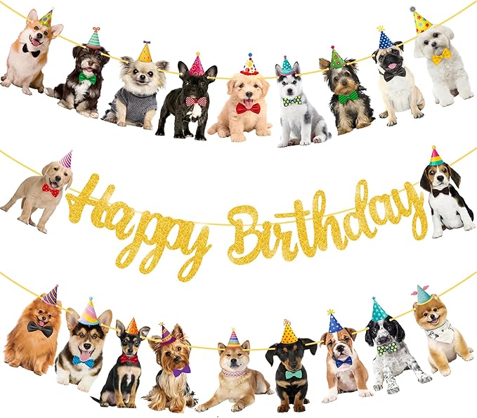 Dog Happy Birthday Banner Decorations Baby Birthday Party Supplies Gold Glitter Puppy Birthday Banner for Pet Dog Theme Party Bunting Decoration Baby Shower Party Supplies