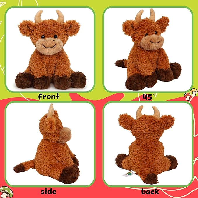 Hopearl Adorable Plush Highland Cow Toy Floppy Soft Stuffed Animal Cute Birthday Gifts for Boys Girls Kids Toddlers, Brown, 10''