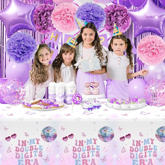 MEHOFOND 3 Pack 10th Birthday Tablecloth Decorations for Girls, in My Double Digits Birthday Plastic Disposable Table Cloth Purple Girl Music Disco Theme 10 Birthday Theme Table Cover Party Supplies