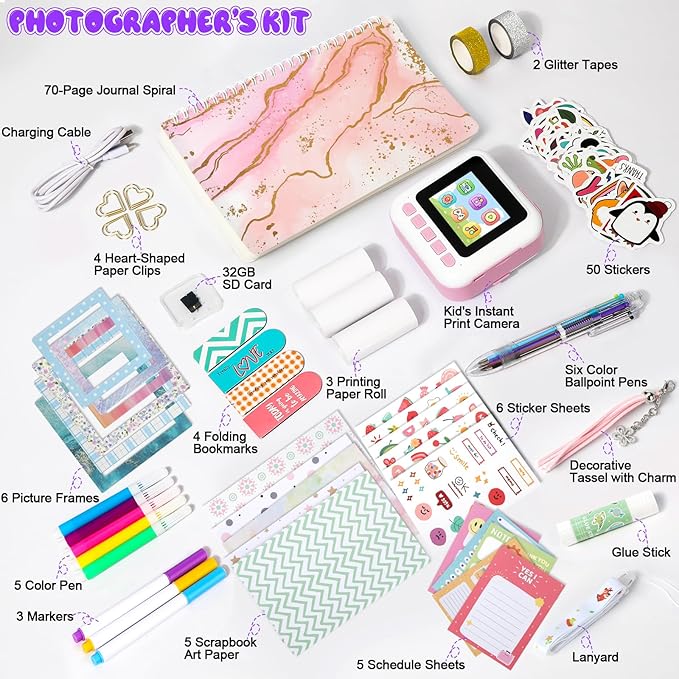 Photomaker Kit Kids 1080P Instant Print Camera for Kid 93 Pcs DIY Journal Kit for Girls Kids Camera Instant Print with 3 Roller Photo Paper Ideas Birthday Gifts and Toys for Girls Boys Age 6-14 Pink