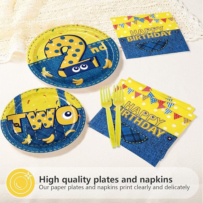 96 Pcs Yellow Cartoon 2nd Birthday Party Supplies Yellow Jeans Banana Plates and Napkins Disposable Big Eyes Cartoon Tableware Set for Boys Girls 2 Years Old Birthday Party Decorations Serves 24