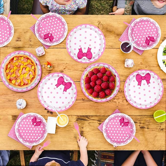 Grencian 96Pcs Pink Cat Party Decorations Pink Bow Cat Plates and Napkins Disposable Cute Cats Paper Tableware Set for Girls Baby Bridal Shower Birthday Wedding Party Supplies, Serves 24