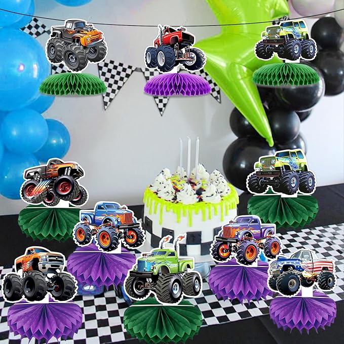 12 PCS Monster Truck Party Table Decorations, Monster Truck Birthday Honeycomb Centerpiece, Racing Car Theme Birthday Decoration for Boys Girls Baby Shower Kids Cake Decorations Party Supplies