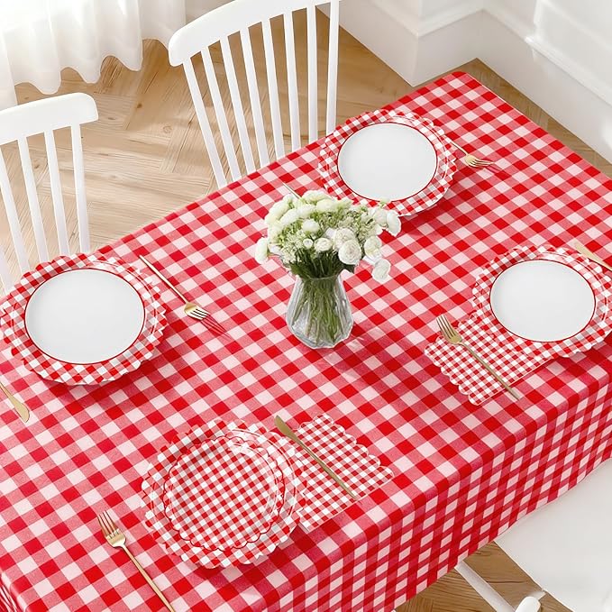 102 PCS Red Gingham Party Supplies - Christmas Scalloped Plates, Napkins, Cups, Forks, Banner, Gingham Tablecloth for Baby Shower, Birthday, Picnic Party Decorations, Serves 25