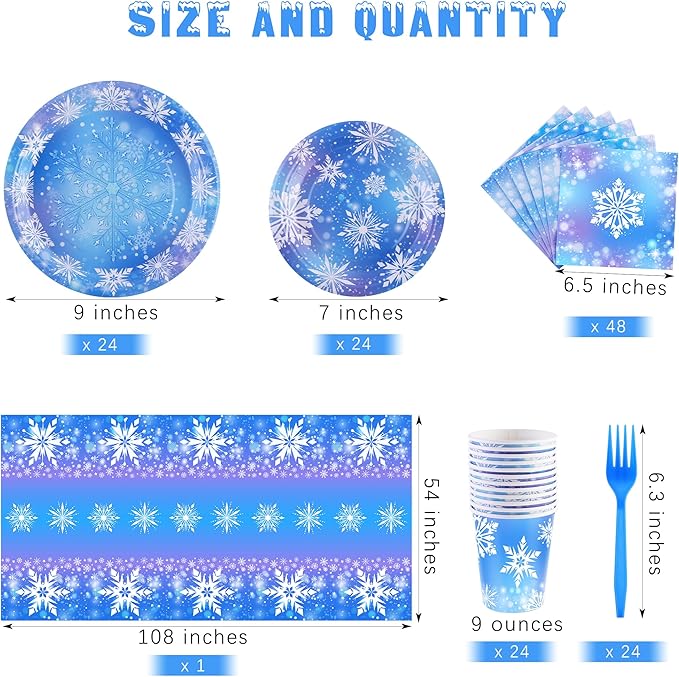 durony 145 Pieces Frozen Birthday Party Supplies Disposable Tableware Winter Snowflake Paper Plates Napkins Cups Forks Tablecloth for Christmas Winter Wonderland Frozen Party Decorations