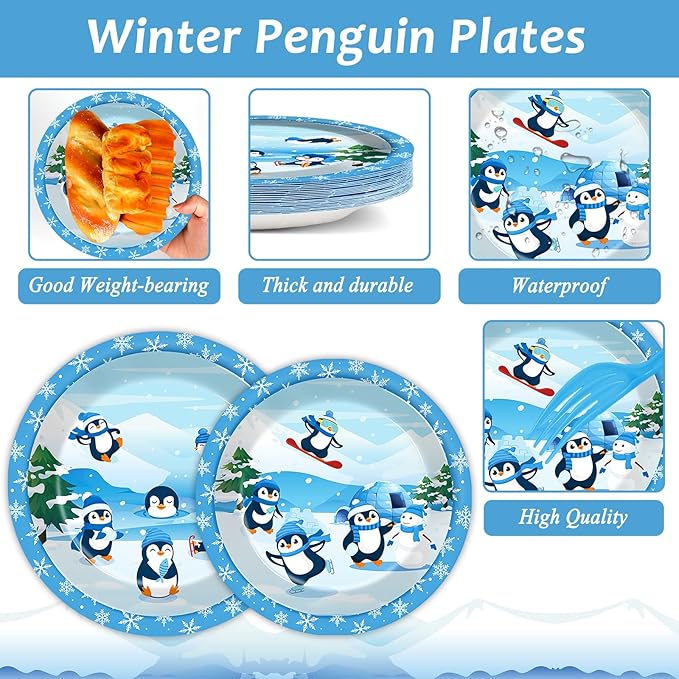 gisgfim 96PCS Penguin Plates and Napkins Party Supplies, Winter Penguin Party Decorations, Favors for Christmas, Holiday & Dinner, Serves 24 Guests