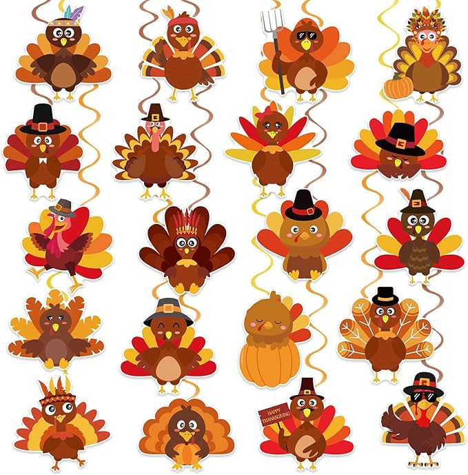 40Pcs Thanksgiving Turkey Hanging Swirl Decorations, Cute Turkey Ceiling Hanging Swirls Streamers for Thanksgiving Party Decor