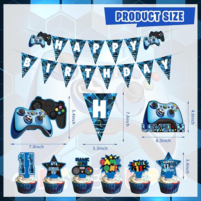 11th Birthday Decorations for Boys, 149Pcs Blue Video Game level 11 Party Supplies for Boy 11th Birthday - Backdrop, Banner, Balloons, Tablecloth, Centerpieces, Hanging Swirls, Wall Signs