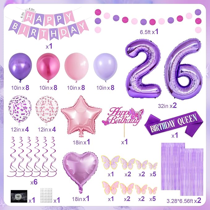 26th Purple Birthday Decorations for Women, Pink and Purple Happy 26 Birthday Party Decorations with Happy Birthday Banner, Number Foil Balloons, Butterfly Cake Topper for 26th Party Supplies