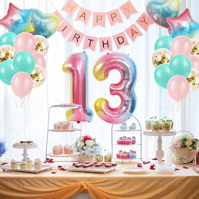 13th Birthday Decorations for Girls Gradient color Age 13 Birthday Balloons with Happy Birthday Banner for Baby Showers Thirteenth Birthday Party Supplies for Girls Boys (13th-Birthday)