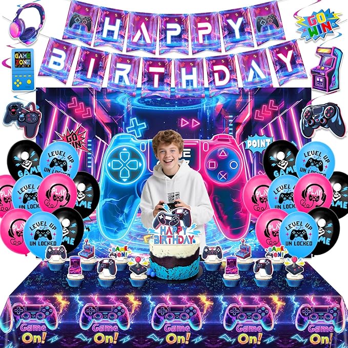 45Pcs Gamer Birthday Party Decorations - Gaming Party Supplies with Backdrop, Banner, Tablecloth, Balloons, Swirls & Cake Toppers for Video Game Theme, Colorful