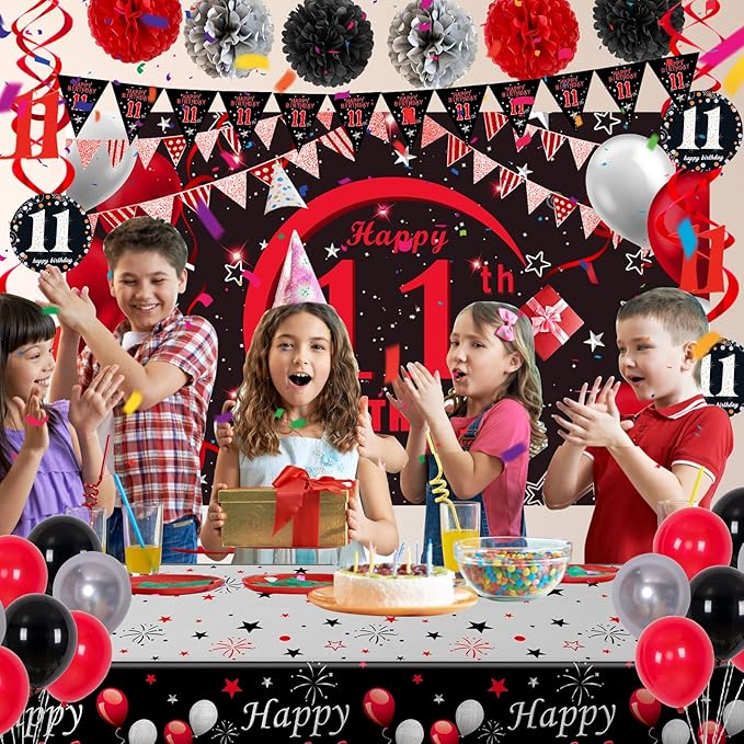 11th Birthday Decorations for Boys Girls Red and Black, Happy 11th Birthday Backdrop Banner, 11 Birthday Party Decoration Tablecloth Balloons Triangle Flag, 11 Year Old Boy Bday Party Supplies