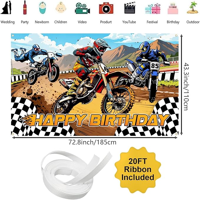 Dirt Bike Birthday Decorations, Dirt Bike Happy Birthday Banner Backdrop, Motocross Theme Backdrop Banner Party Supplies Decorations