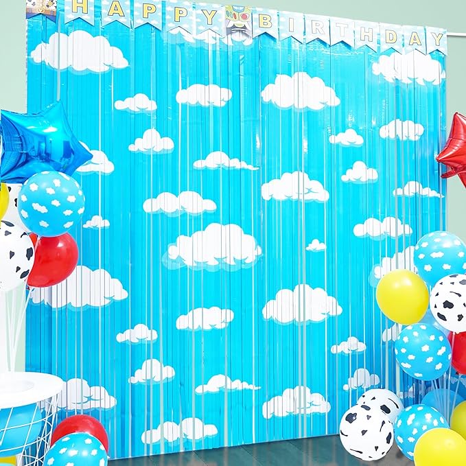 Cartoon Toy Inspired Story Birthday Party Decoration, 2 Pack Story Party Photo Booth Prop, Blue Sky White Cloud Fringe Curtains Tinsel Photo Streamers Backdrop for Cartoon Story Party Supplies