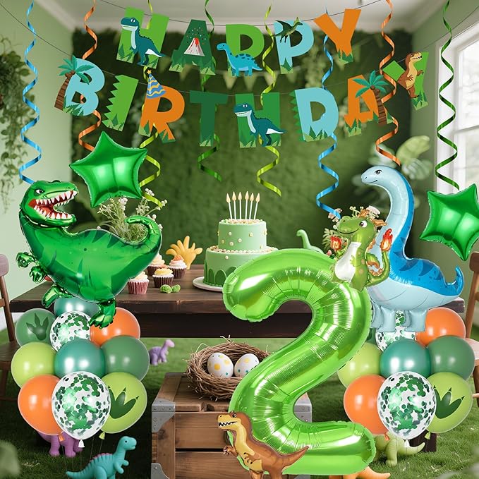 Amandir Dinosaur 2nd Birthday Party Decorations for Boys Girls, Foil Green Star Number 2 Dinosaur Balloons with Happy Birthday Banner Hanging Swirls for Dino Baby Shower Party Supplies