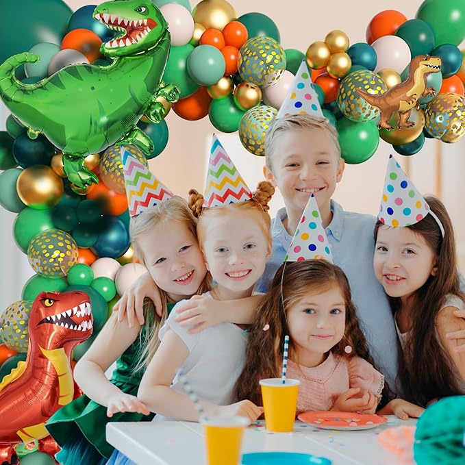 Amandir 165Pcs Dinosaur Balloons Arch Garland Kit, Sage Green Orange 6Pcs Dino Foil Balloons Happy Birthday Balloon for Jungle Safari Dinosaur Themed Party Decorations Supplies Boys