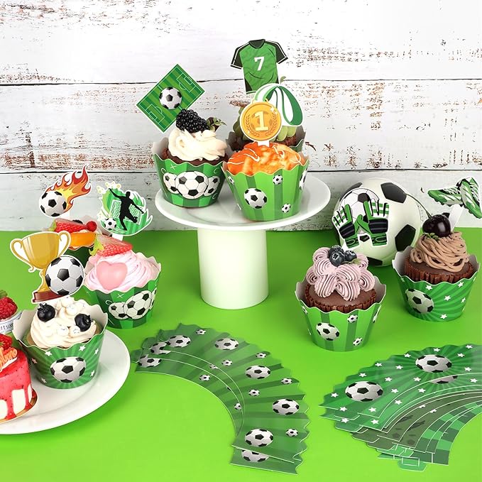 48 Pack Soccer Cupcake Toppers and Wrappers, Soccer Ball Party Cake Decoration for Sport Theme Birthday Party Baby Shower Supplies