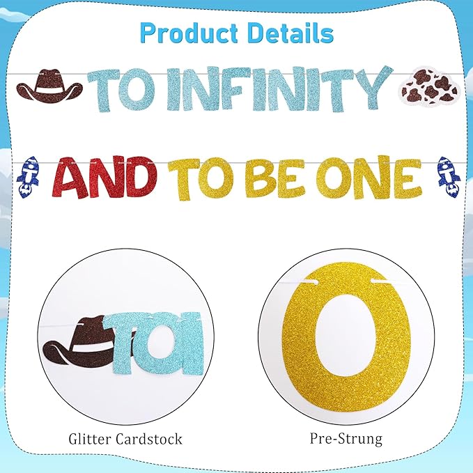 Pre-Strung Glitter To Infinity and To Be One Banner Cartoon Story 1st Birthday Party Decorations Toy Inspired Game 1st Birthday Banner Space Theme Inspired One Year Old Milestone Party Supplies