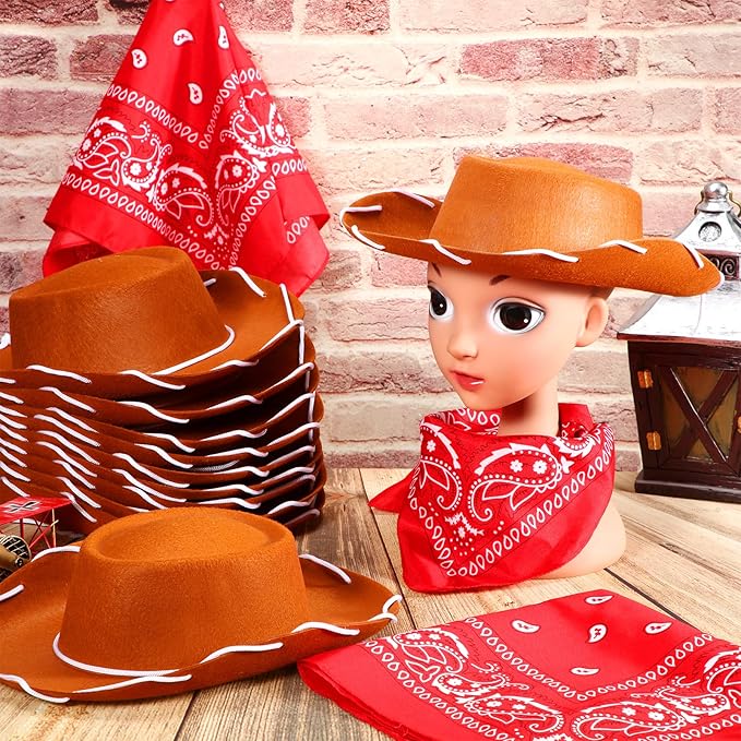 Unittype 18 Sets Cowboy Hats and Bandanas Bulk Kids Western Cowboy Costume Accessories Kids Party Supplies