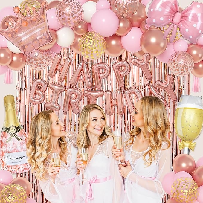 Ouddy Life Rose Gold Birthday Decorations for Women Girls, Happy Birthday Champagne Bottle Crown Heart Bow Foil Confetti Balloons Fringe Curtains Paper Tassel for 16th 18th 21st 24th Birthday Decor