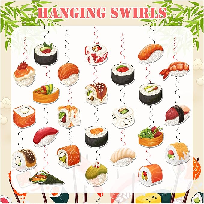 24 Pcs Sushi Hanging Swirls Sushi Ceiling Swirls Decorations Sushi Birthday Party Supplies for Japanese Sushi Birthday Baby Shower Decorations Sushi Party Decorations
